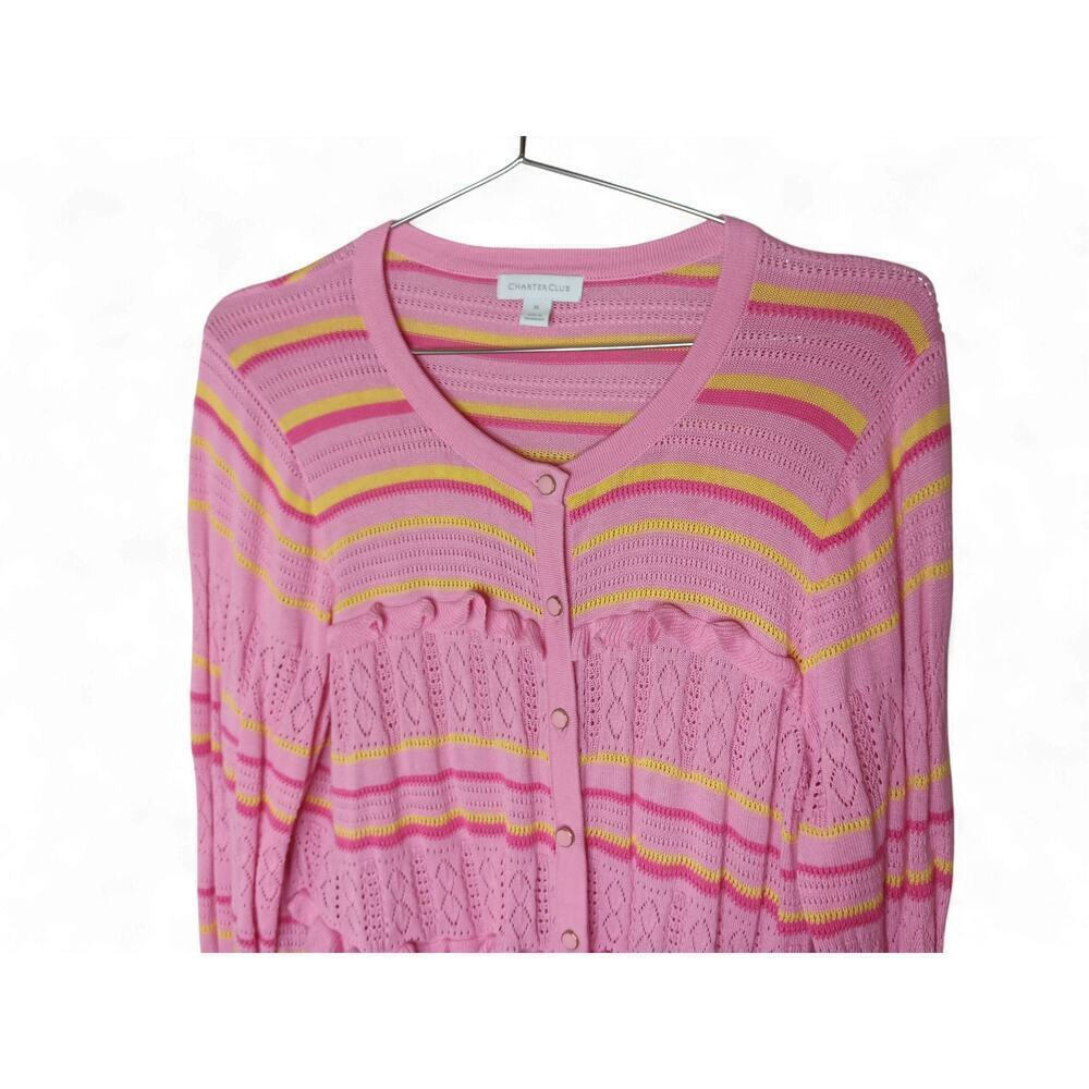 Charter Club Pink Yellow Stripe Knit Ruffle Cardigan Sweater XL Button Front - Picture 6 of 12
